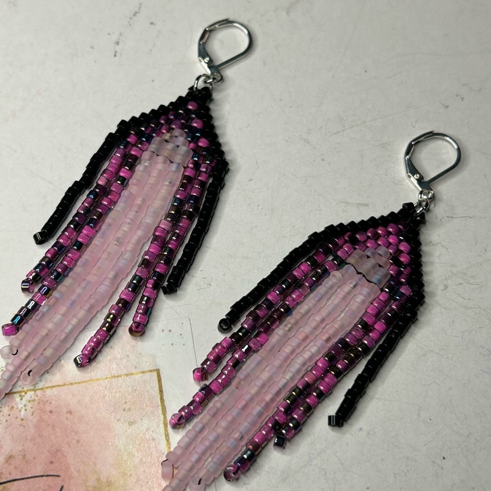 Pink & Black Beaded Fringe Earrings